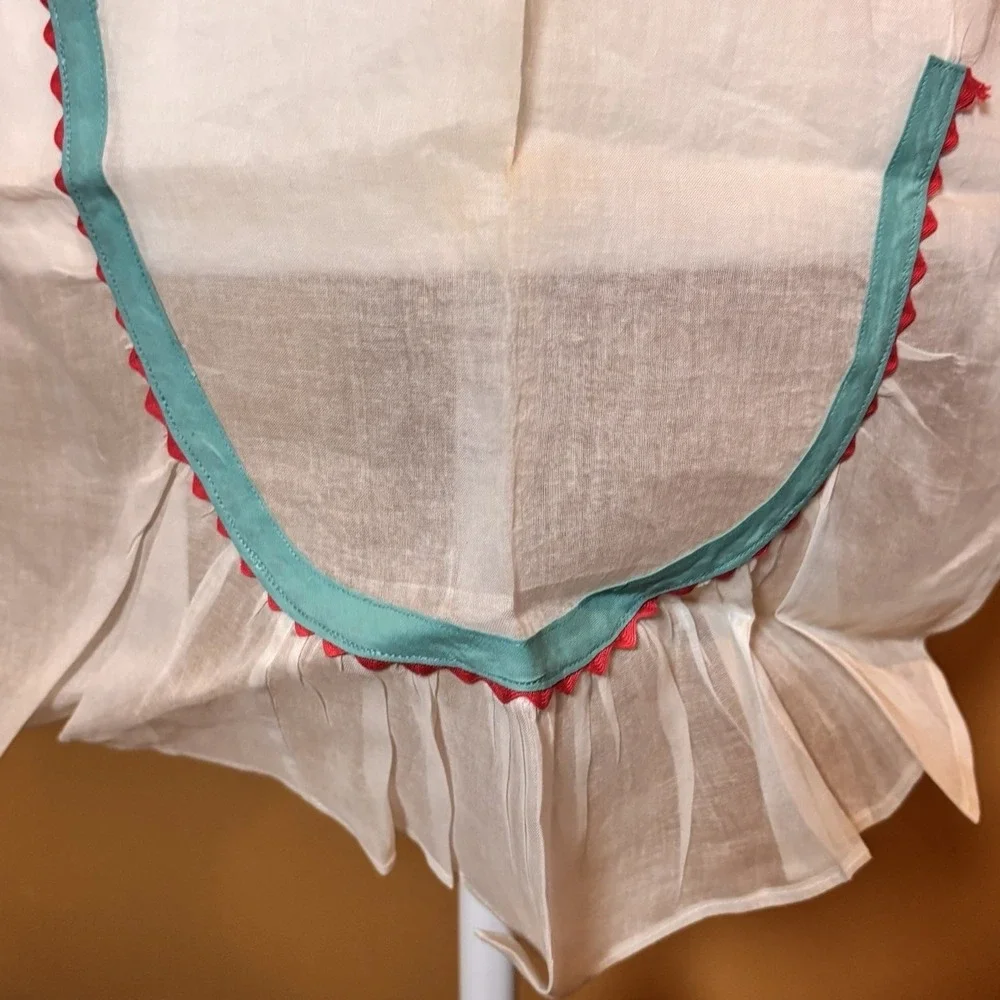 Vintage Sheer Organza Half Apron White Teal Pink Ric Rac Ruffle Retro